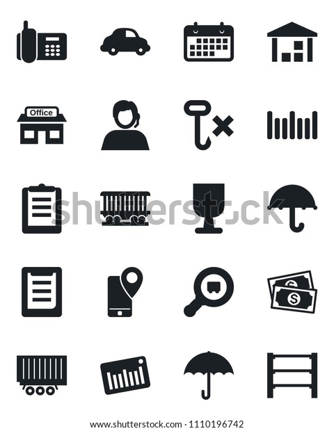 Set of vector isolated black icon - railroad\
vector, store, cash, office phone, support, mobile tracking, truck\
trailer, car delivery, term, clipboard, fragile, umbrella, no hook,\
warehouse, barcode