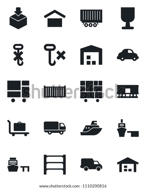 Set of vector isolated black icon - baggage trolley
vector, sea shipping, truck trailer, cargo container, car delivery,
port, consolidated, fragile, warehouse storage, no hook, package,
rack