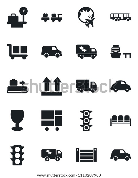 Set of vector isolated black icon - baggage\
conveyor vector, airport bus, waiting area, larry, luggage scales,\
plane globe, traffic light, car delivery, sea port, container,\
consolidated cargo