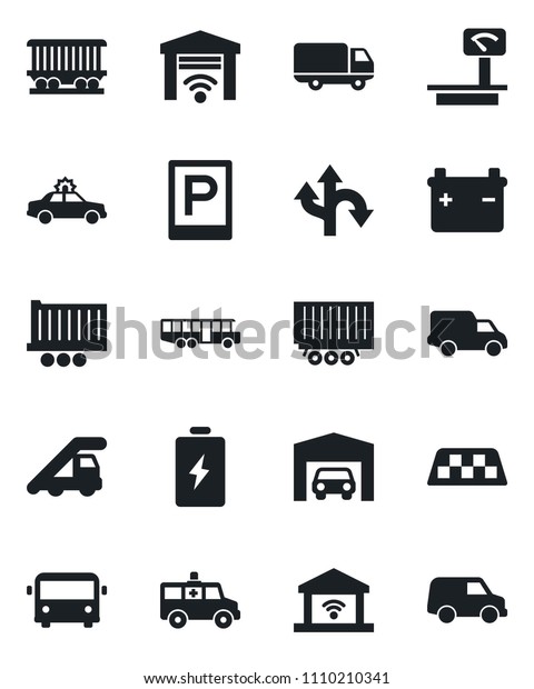 Set\
of vector isolated black icon - taxi vector, airport bus, parking,\
alarm car, ladder, ambulance, route, railroad, truck trailer,\
delivery, heavy scales, garage, gate control,\
battery