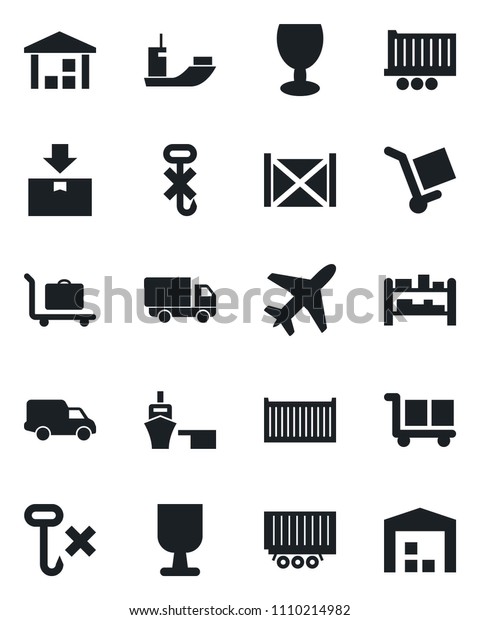 Set of vector\
isolated black icon - plane vector, baggage trolley, sea shipping,\
truck trailer, cargo container, car delivery, port, fragile, no\
hook, warehouse, package,\
rack