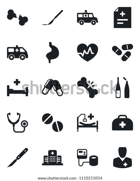 Set of\
vector isolated black icon - heart pulse vector, doctor case,\
diagnosis, stethoscope, blood pressure, pills, ampoule, scalpel,\
ambulance car, hospital bed, stomach, broken\
bone