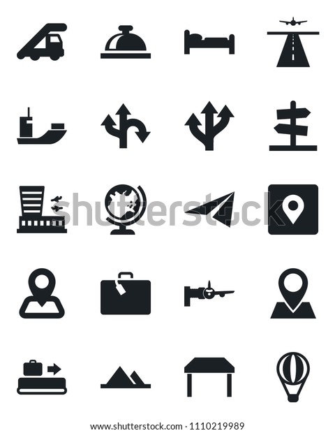 Set of vector isolated black icon - runway vector,\
suitcase, baggage conveyor, reception bell, globe, bed, ladder car,\
boarding, airport building, route, navigation, pin, sea shipping,\
place tag