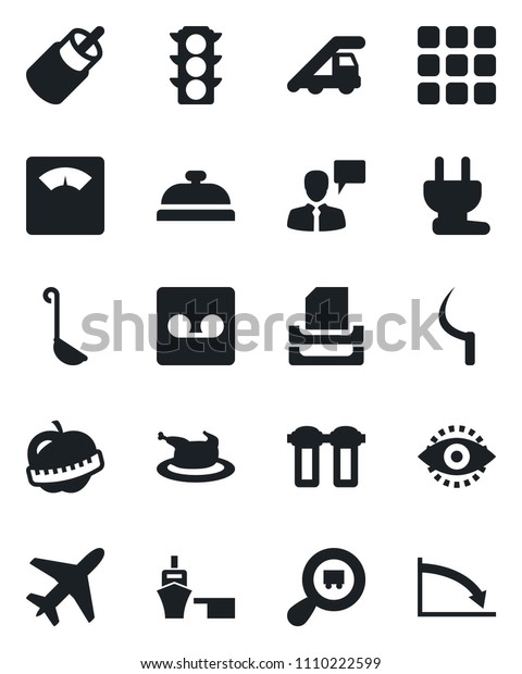 Set of vector isolated black icon - plane vector,\
ladder car, speaking man, sickle, scales, diet, traffic light, sea\
port, search cargo, rca, menu, record, eye id, paper tray,\
reception, chicken