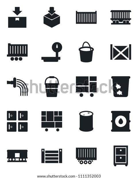 Set of vector isolated black icon - trash bin vector,\
checkroom, bucket, watering, railroad, truck trailer, cargo\
container, consolidated, package, oil barrel, heavy scales, archive\
box
