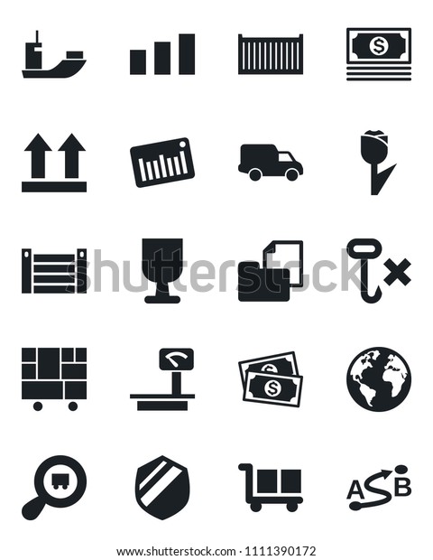 Set of vector isolated black icon - earth vector,\
cash, sea shipping, cargo container, car delivery, consolidated,\
folder document, fragile, up side sign, no hook, tulip, sorting,\
shield, search