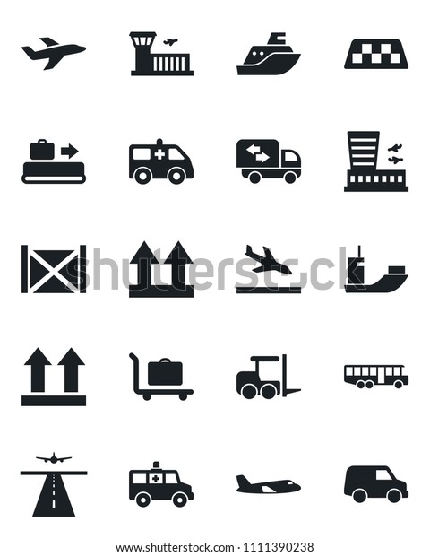 Set of vector isolated black icon - runway vector,\
taxi, arrival, baggage conveyor, trolley, airport bus, fork loader,\
plane, building, ambulance car, sea shipping, container, up side\
sign, moving