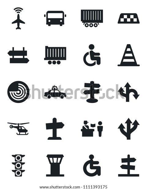 Set of vector isolated black icon - airport tower\
vector, plane radar, taxi, bus, passport control, signpost, alarm\
car, border cone, helicopter, disabled, route, traffic light, truck\
trailer