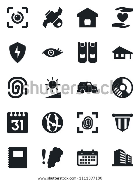 Set of vector isolated black icon - book vector,\
pennant, circle chart, heart hand, eye, satellite, term, network,\
protect, calendar, brightness, id, copybook, house with garage,\
smart home, car
