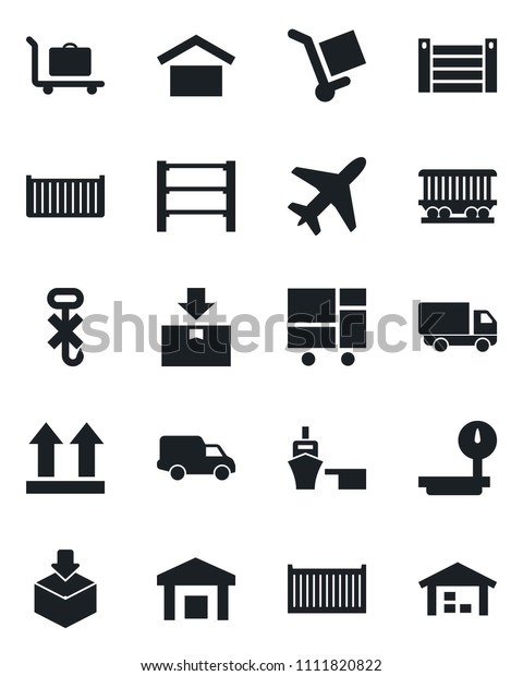 Set of vector isolated black icon - plane vector,
baggage trolley, railroad, cargo container, car delivery, sea port,
consolidated, warehouse storage, up side sign, no hook, package,
heavy scales