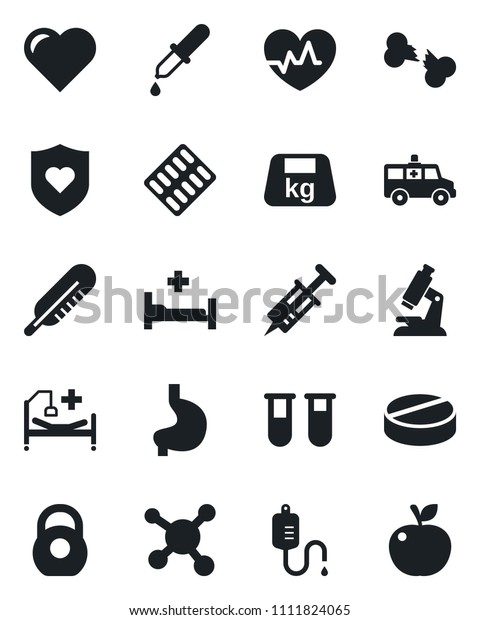 Set of vector isolated black icon - heart vector,
pulse, syringe, blood test vial, dropper, thermometer, microscope,
pills, blister, ambulance car, shield, hospital bed, stomach,
broken bone, heavy