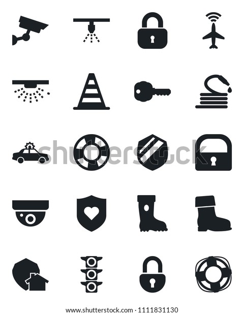 Set of vector isolated black icon - plane\
radar vector, alarm car, border cone, boot, hose, heart shield,\
traffic light, lock, key, home protect, surveillance, sprinkler,\
crisis management
