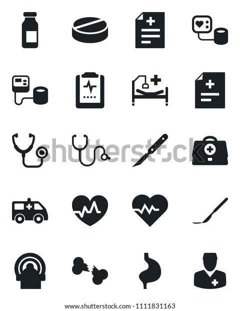 Set of vector isolated black icon - heart pulse
vector, doctor case, diagnosis, stethoscope, blood pressure, pills,
ampoule, scalpel, tomography, ambulance car, hospital bed, stomach,
broken bone