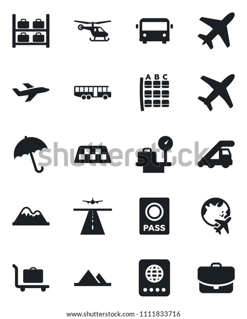 Set of vector isolated black icon - plane vector,\
runway, taxi, baggage trolley, airport bus, umbrella, passport,\
ladder car, helicopter, seat map, luggage storage, scales, globe,\
mountains, case