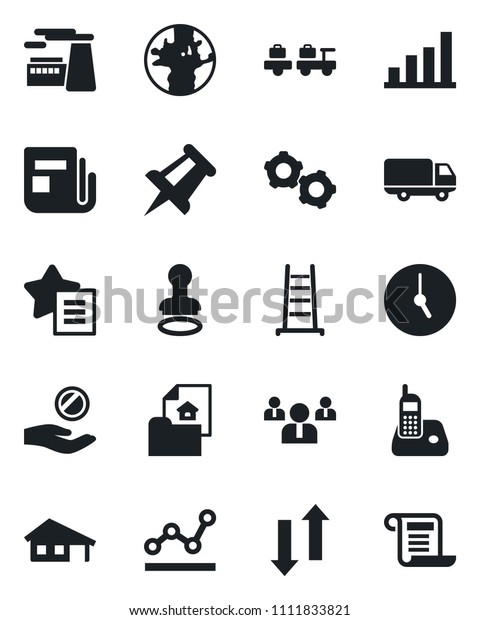 Set of vector isolated black icon - stamp vector,\
baggage larry, gear, team, drawing pin, factory, ladder, earth, car\
delivery, news, radio phone, favorites list, clock, data exchange,\
bar graph