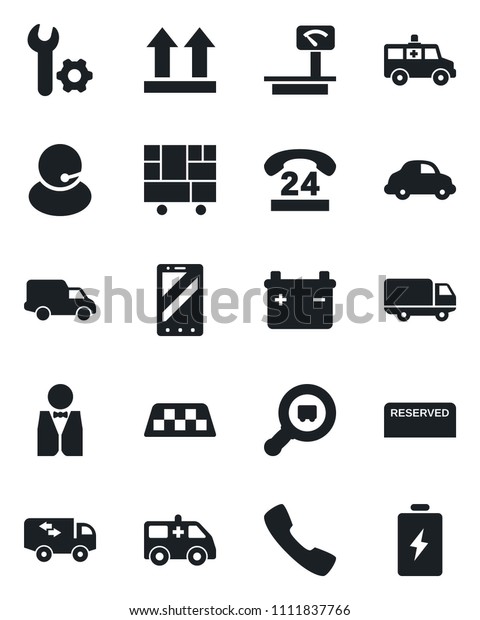 Set of vector isolated black icon - taxi vector,\
mobile phone, ambulance car, 24 hours, support, delivery,\
consolidated cargo, up side sign, heavy scales, search, call, root\
setup, moving, waiter