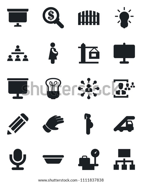 Set of vector isolated black icon - ladder car\
vector, luggage scales, hierarchy, presentation board, pencil,\
glove, pregnancy, microphone, hr, fence, crane, bowl, bulb, money\
search