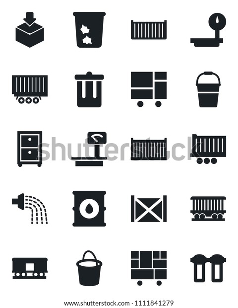 Set
of vector isolated black icon - trash bin vector, bucket, watering,
railroad, truck trailer, cargo container, consolidated, package,
oil barrel, heavy scales, archive box, water
filter