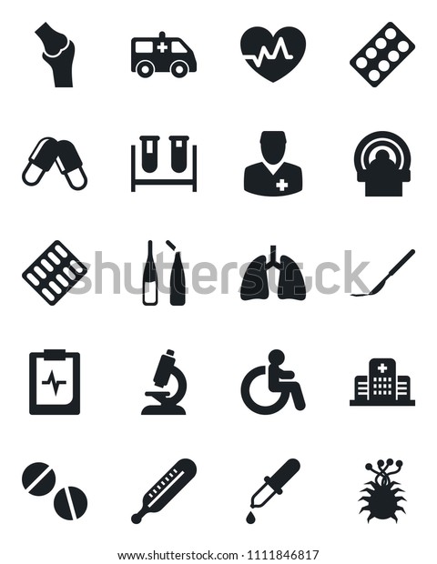 Set of vector isolated black icon - disabled\
vector, heart pulse, blood test vial, dropper, thermometer,\
microscope, pills, blister, ampoule, scalpel, tomography, ambulance\
car, lungs, joint, doctor