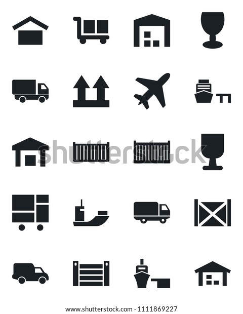 Set of vector isolated black icon -
plane vector, sea shipping, cargo container, car delivery, port,
consolidated, fragile, warehouse storage, up side
sign