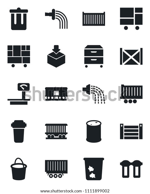 Set\
of vector isolated black icon - trash bin vector, bucket, watering,\
railroad, truck trailer, cargo container, consolidated, package,\
oil barrel, heavy scales, archive box, water\
filter