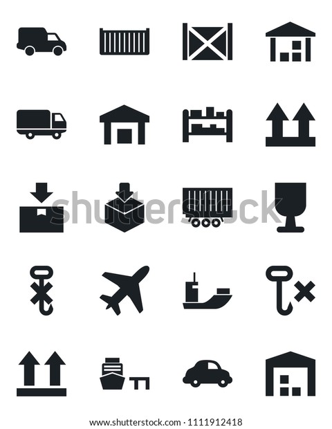 Set of vector\
isolated black icon - plane vector, sea shipping, truck trailer,\
cargo container, car delivery, port, fragile, up side sign, no\
hook, warehouse, package,\
rack