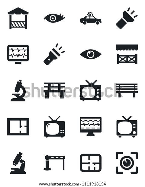 Set of vector isolated black icon - barrier vector,\
tv, alarm car, bench, monitor pulse, microscope, eye, torch, plan,\
alcove, scan