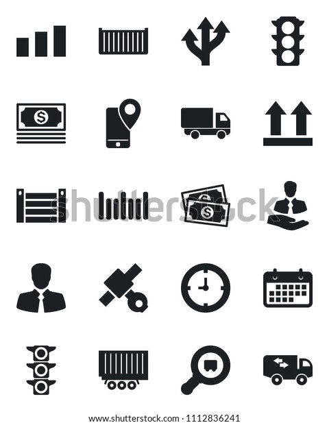 Set of vector isolated black icon - route vector,\
satellite, cash, traffic light, client, mobile tracking, truck\
trailer, cargo container, car delivery, clock, term, up side sign,\
sorting, search