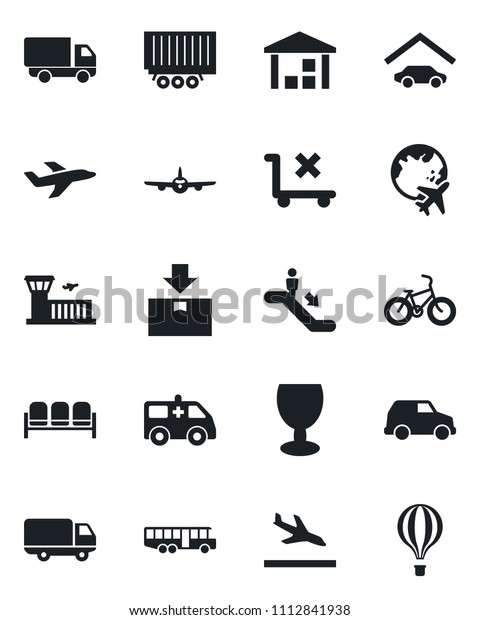 Set of vector isolated black icon - arrival\
vector, airport bus, escalator, waiting area, plane, globe,\
building, ambulance car, bike, truck trailer, delivery, fragile, no\
trolley, warehouse, garage