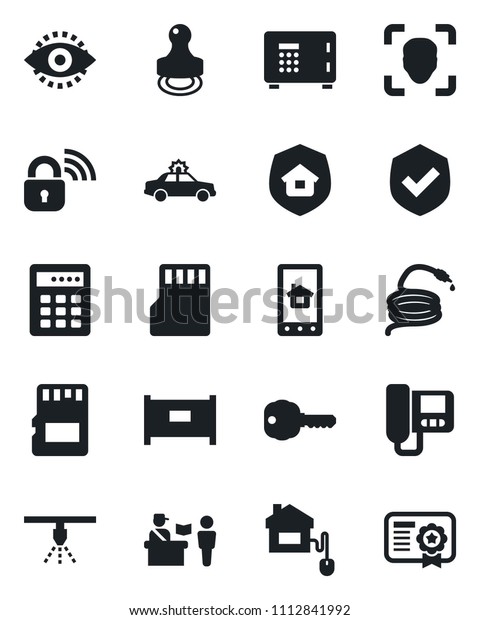 Set of vector isolated black icon - fence\
vector, passport control, alarm car, safe, hose, shield, sd, face\
id, eye, stamp, key, estate insurance, home, wireless lock,\
intercome, app,\
combination