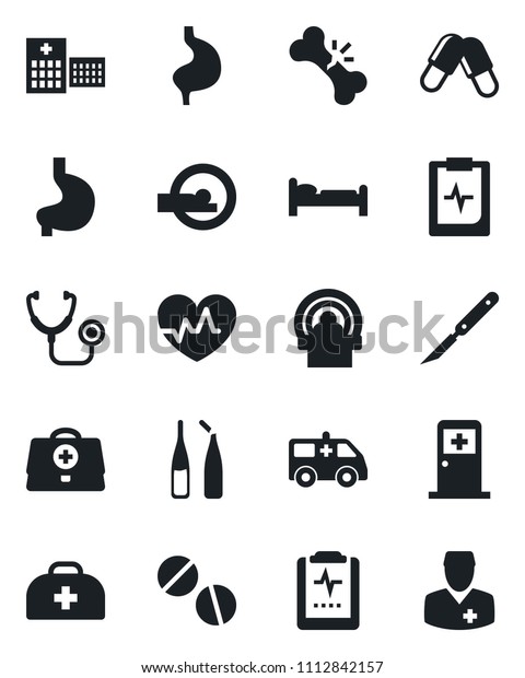 Set of vector isolated black icon - bed vector,\
medical room, heart pulse, doctor case, stethoscope, pills,\
ampoule, scalpel, tomography, ambulance car, stomach, broken bone,\
clipboard, hospital
