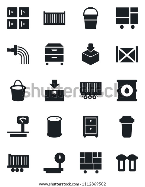 Set of vector\
isolated black icon - checkroom vector, bucket, watering, truck\
trailer, cargo container, consolidated, package, oil barrel, heavy\
scales, archive box, water\
filter