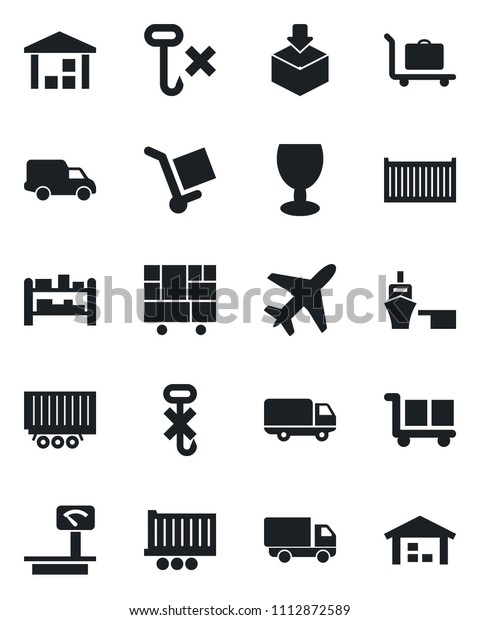 Set of vector isolated black icon - plane vector,\
baggage trolley, truck trailer, cargo container, car delivery, sea\
port, consolidated, fragile, no hook, warehouse, package, heavy\
scales, rack