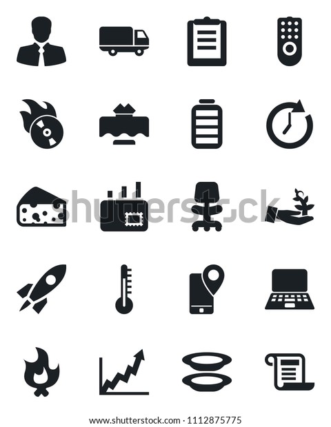 Set of vector isolated black icon - office\
chair vector, notebook pc, fire, client, mobile tracking, car\
delivery, clipboard, flame disk, battery, mail, restaurant table,\
plates, cheese,\
thermometer