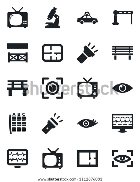 Set of vector isolated black icon - barrier vector,\
tv, alarm car, seat map, bench, monitor pulse, microscope, eye,\
torch, plan, alcove, scan