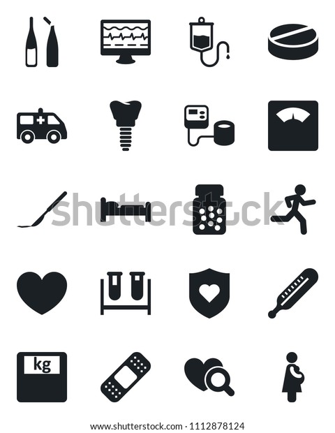 Set of vector isolated black icon - bed vector,\
heart, monitor pulse, blood pressure, test vial, dropper,\
thermometer, diagnostic, scales, pills, bottle, ampoule, scalpel,\
patch, ambulance car, run