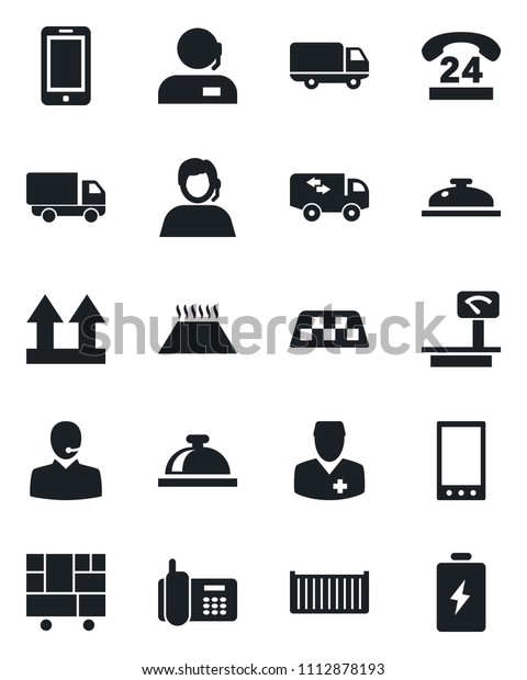 Set of vector isolated black icon - taxi vector,\
reception bell, mobile phone, doctor, office, 24 hours, support,\
cargo container, car delivery, consolidated, up side sign, heavy\
scales, moving