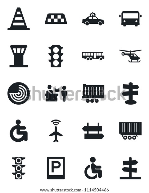 Set of vector isolated black icon - airport tower\
vector, plane radar, taxi, bus, parking, passport control,\
signpost, alarm car, border cone, helicopter, disabled, traffic\
light, truck trailer