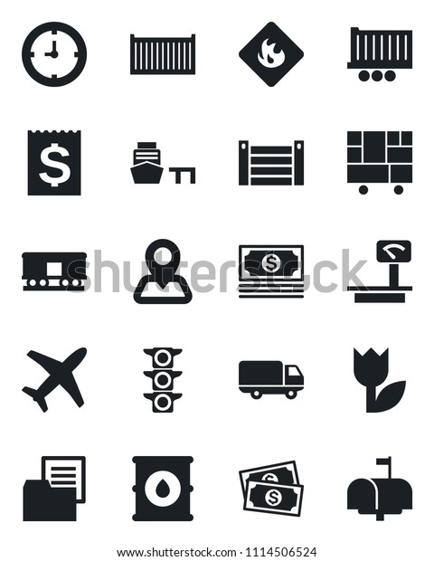 Set of vector isolated black icon - navigation\
vector, plane, cash, traffic light, truck trailer, cargo container,\
car delivery, clock, receipt, sea port, consolidated, folder\
document, tulip