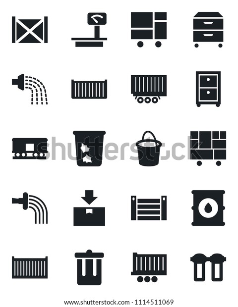 Set of\
vector isolated black icon - trash bin vector, bucket, watering,\
truck trailer, cargo container, consolidated, package, oil barrel,\
heavy scales, railroad, archive box, water\
filter