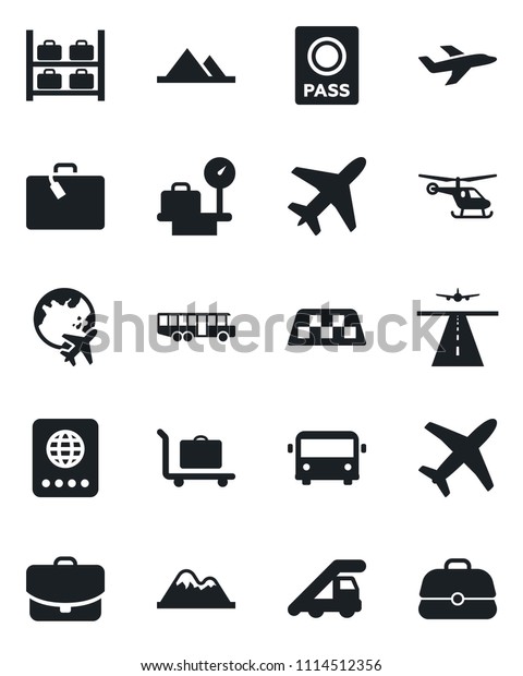 Set of vector isolated black icon - plane vector,\
runway, taxi, suitcase, baggage trolley, airport bus, passport,\
ladder car, helicopter, luggage storage, scales, globe, mountains,\
case