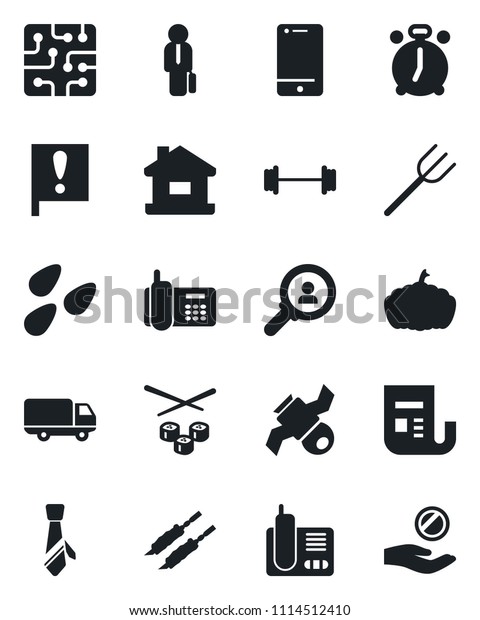 Set of vector isolated black icon - alarm clock\
vector, farm fork, pumpkin, seeds, barbell, important flag,\
satellite, office phone, car delivery, news, cell, radio, tie,\
manager, house, kebab,\
chip