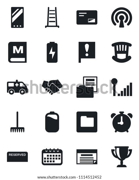 Set of vector isolated black icon - alarm clock\
vector, rake, ladder, ambulance car, important flag, mail, mobile,\
folder, cellular signal, battery, charge, document, children room,\
menu, reserved
