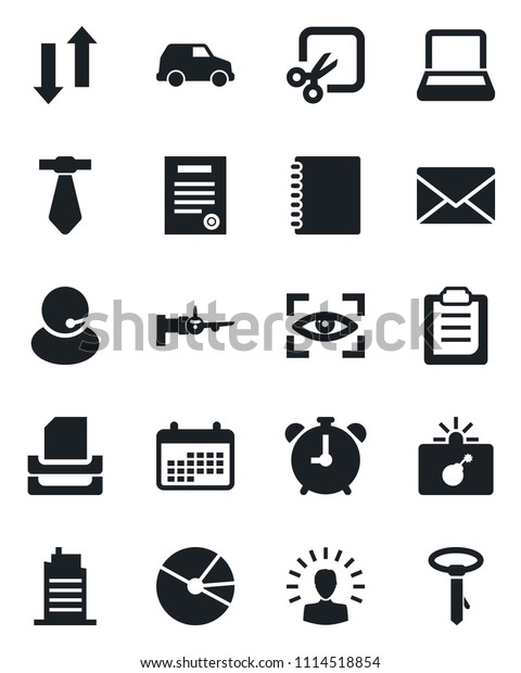 Set of vector isolated black icon - alarm clock\
vector, bomb in case, boarding, mail, support, data exchange, cut,\
clipboard, copybook, pie graph, paper tray, notebook pc, contract,\
city house, car