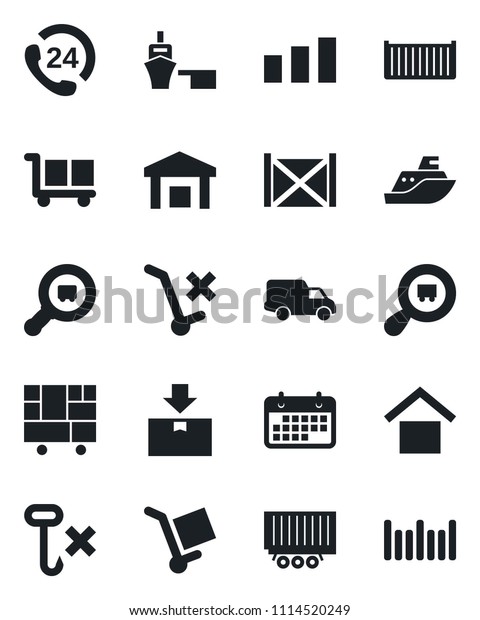 Set of vector isolated black icon - 24 hours\
vector, sea shipping, truck trailer, cargo container, car delivery,\
term, port, consolidated, warehouse storage, no trolley, hook,\
package, sorting