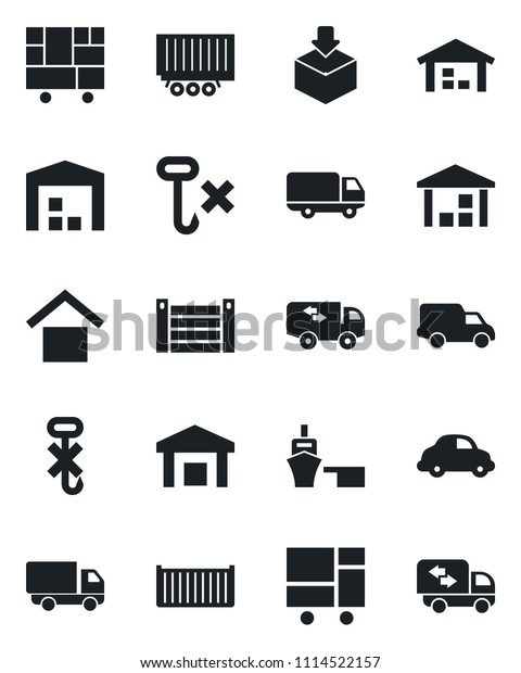 Set of vector isolated black\
icon - truck trailer vector, cargo container, car delivery, sea\
port, consolidated, warehouse storage, no hook, package,\
moving