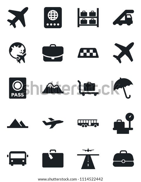 Set\
of vector isolated black icon - plane vector, runway, taxi,\
suitcase, baggage trolley, airport bus, umbrella, passport, ladder\
car, luggage storage, scales, globe, mountains,\
case
