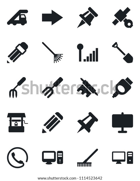 Set of vector isolated black icon - right arrow\
vector, ladder car, drawing pin, job, pencil, garden fork, rake,\
well, satellite, hdmi, cellular signal, presentation board, phone,\
rolling, pc
