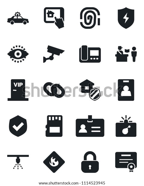Set\
of vector isolated black icon - passport control vector, alarm car,\
bomb in case, identity, shield, flammable, chain, protect, sd, eye\
id, card, lock, estate insurance, vip zone,\
intercome