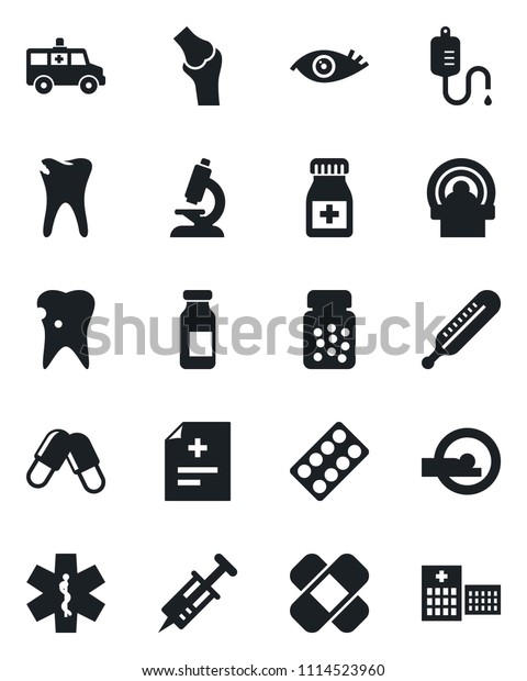 Set of vector isolated black icon - diagnosis\
vector, syringe, dropper, thermometer, microscope, pills, bottle,\
blister, ampoule, patch, tomography, ambulance star, car, caries,\
eye, joint, hospital